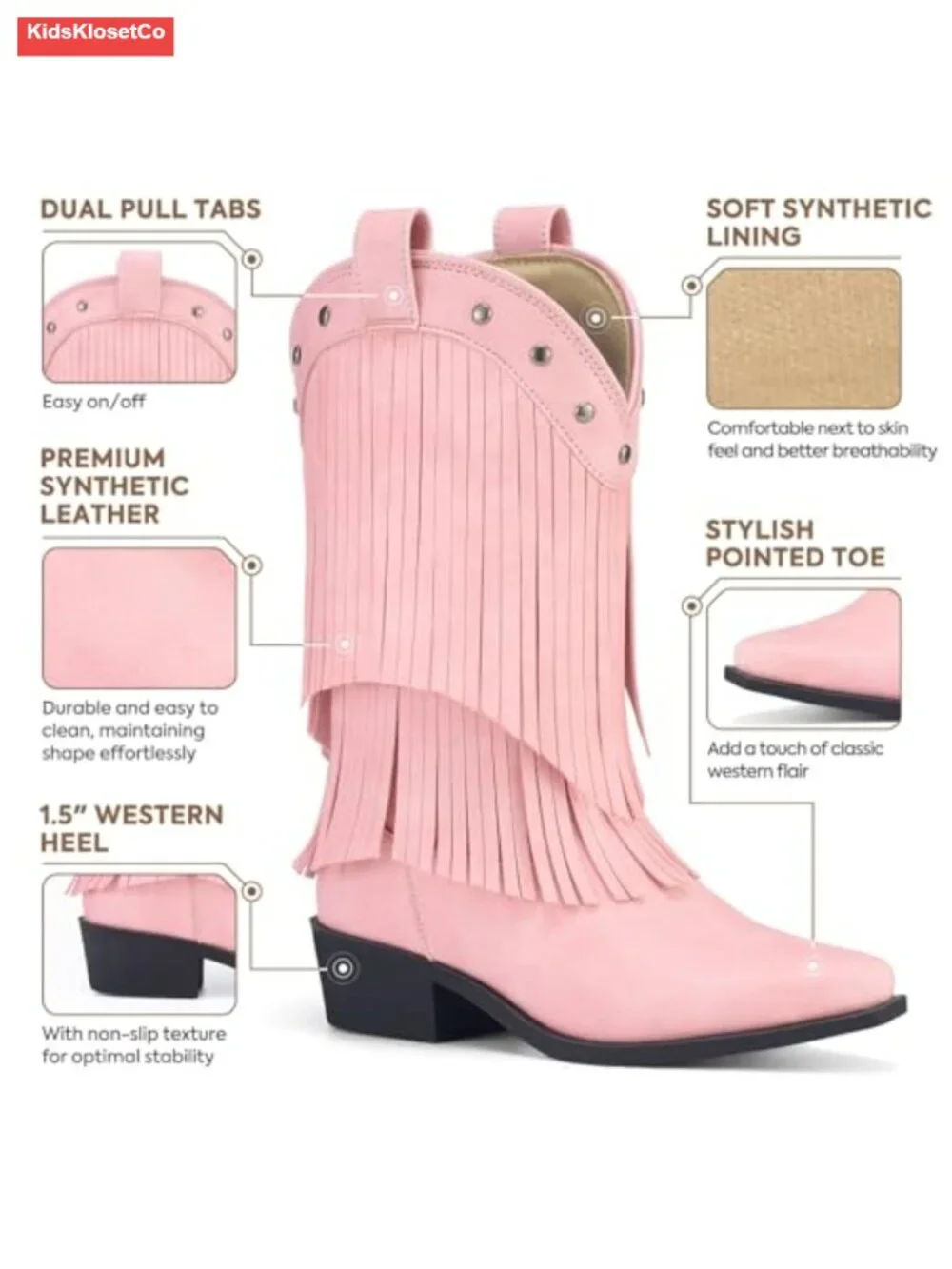 Girls Cowboy Boots with Tassel Fringe Snip Toe TPR Outsole Western Boots